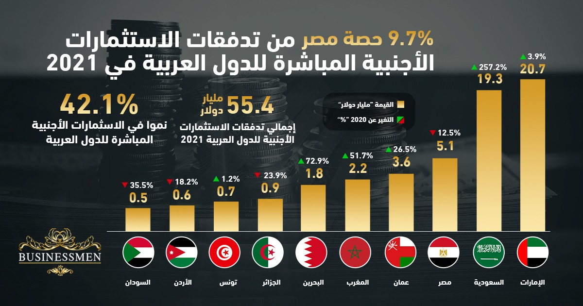 55.4 مليار دولار استثمارات أجنبية للدول العربية في عام 2021.. ومصر في المركز الثالث  القاهرة 27 يونيو 2022